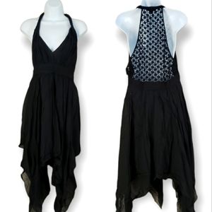 NWOT Guess black handkerchief hem boho crochet lace back halter dress Wo…